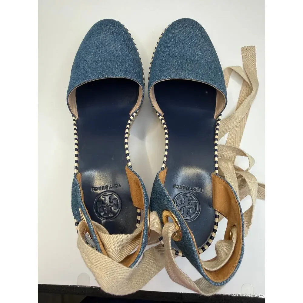 TORY BURCH DANDY Espadrille Platform SZ 6.5M Blue Jean Ankle Wrap Sandals - Picture 6 of 13